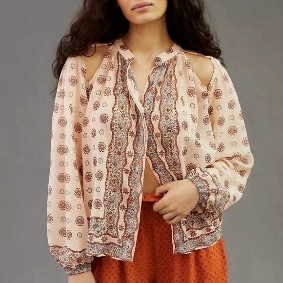 Anthropologie Cut Out Shoulder Long Sleeve Chiffon Blouse Boho Ethnic - Picture 1 of 13